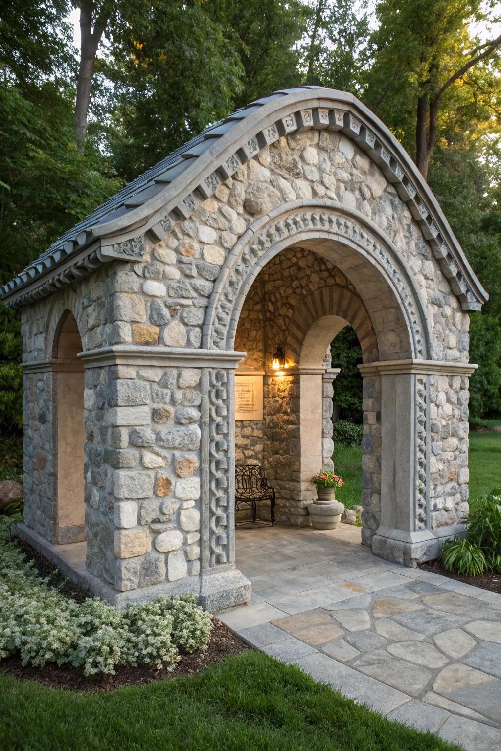 Enter timeless refinement through an arched stone outbuilding portal, reminiscent of European allure.