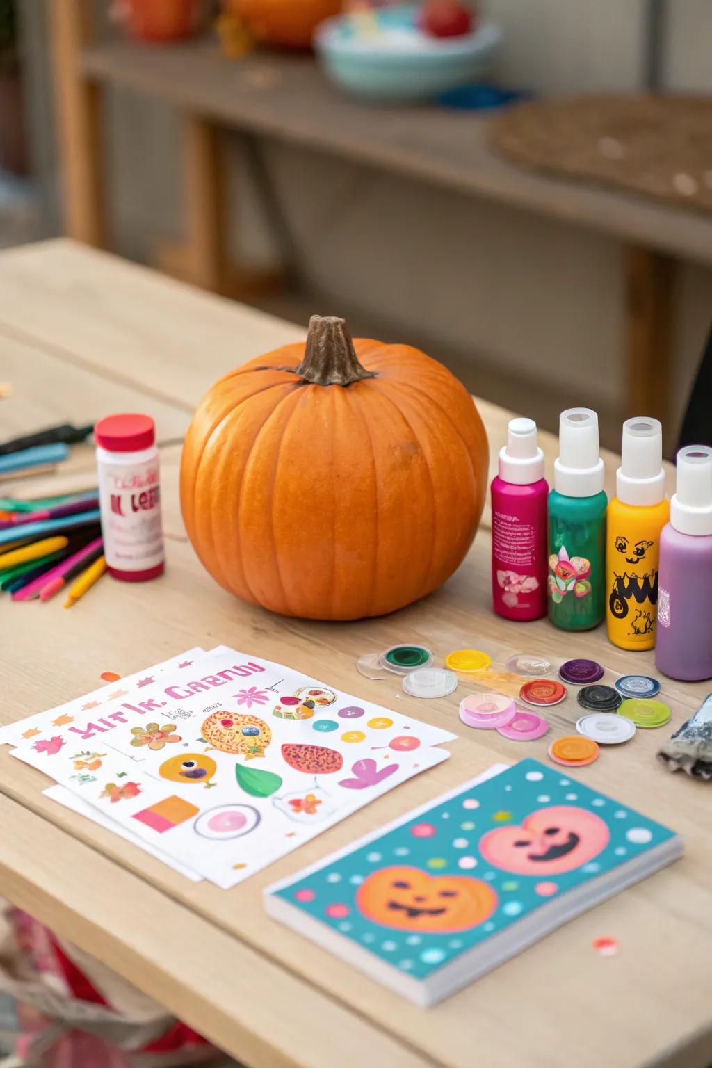 A comprehensive craft kit prepared for engaging pumpkin decorating.