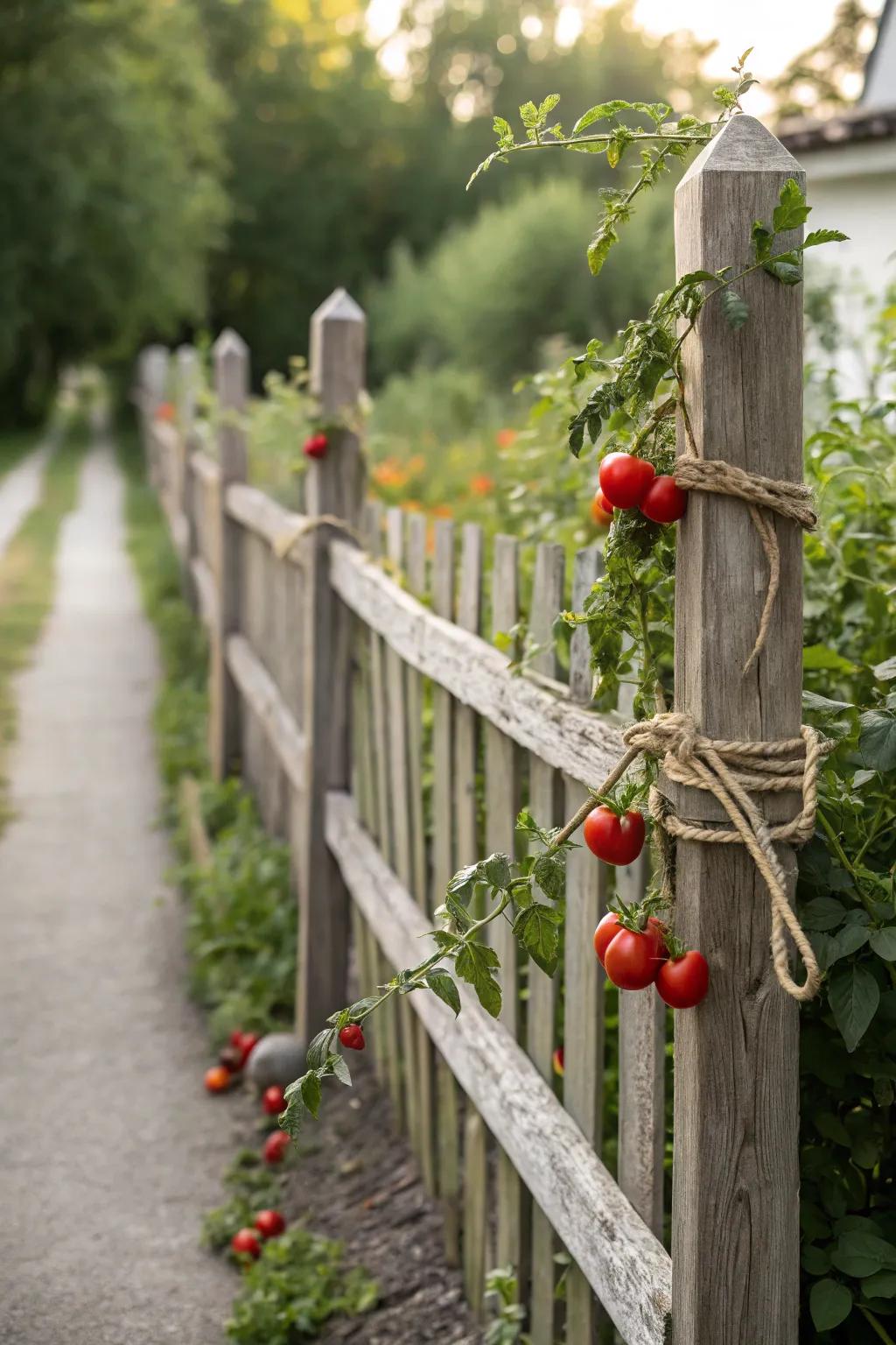 Enhance your garden’s charm with minimalist tomato support utilizing a lovely wood fence.