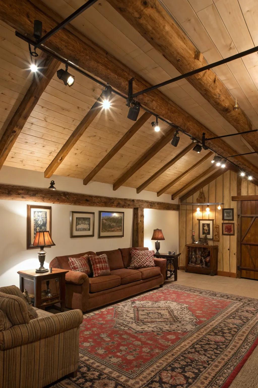 Track lighting melds beautifully with rustic décor elements for a cozy ambiance.