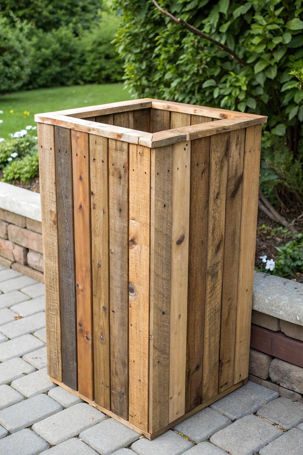 Transform discarded timber into an astonishing refuse container barrier that harmonizes utility with countryside allure.