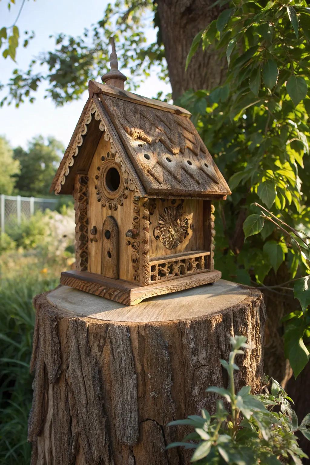 Artistry at its finest: A snug aviary abode nestled on a tree stump, inviting nature's feathered companions.