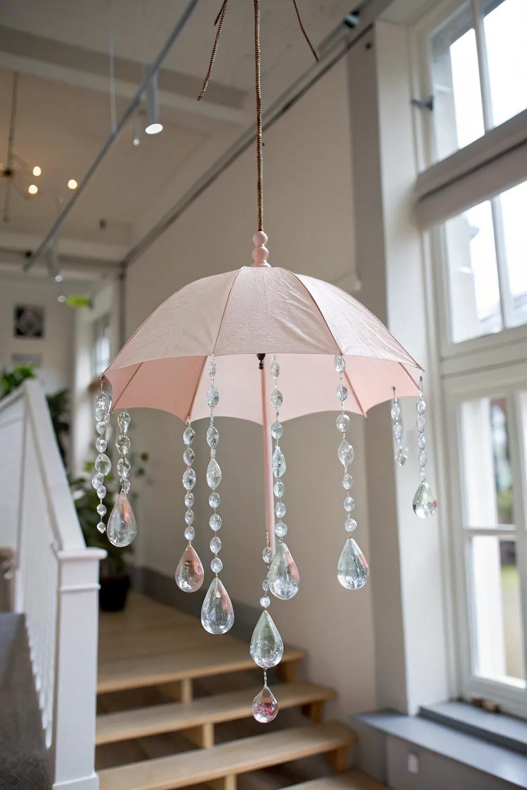 Add a touch of whimsy and elegance with this handcrafted umbrella mobile, perfect for brightening any minimalist space.