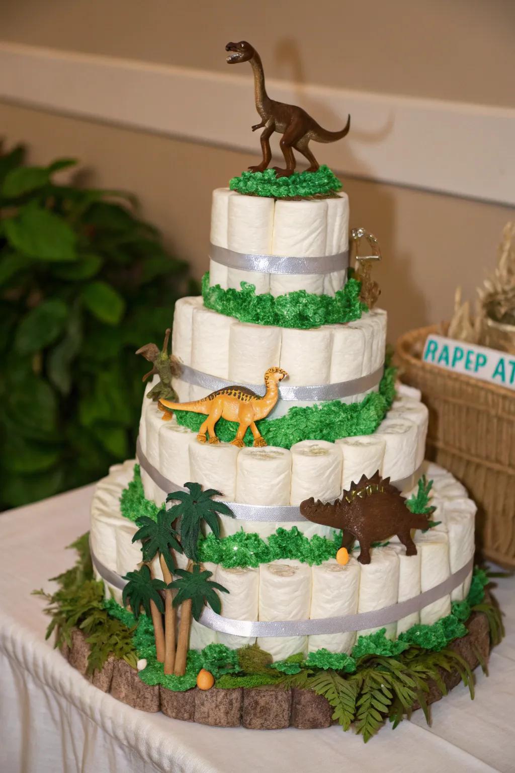 Start a prehistoric adventure via this prehistoric park diaper cake, blending artistry with creativity.