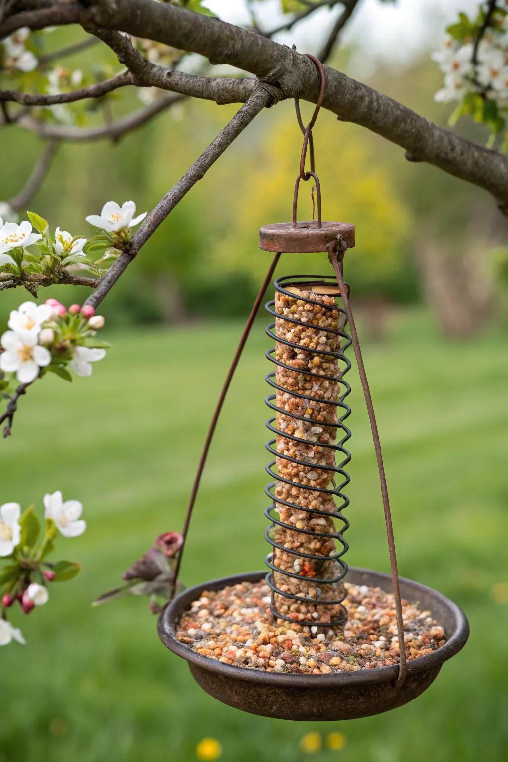 Transform aged trampoline springs into charming avian feeders—nature's own backyard masterpiece.