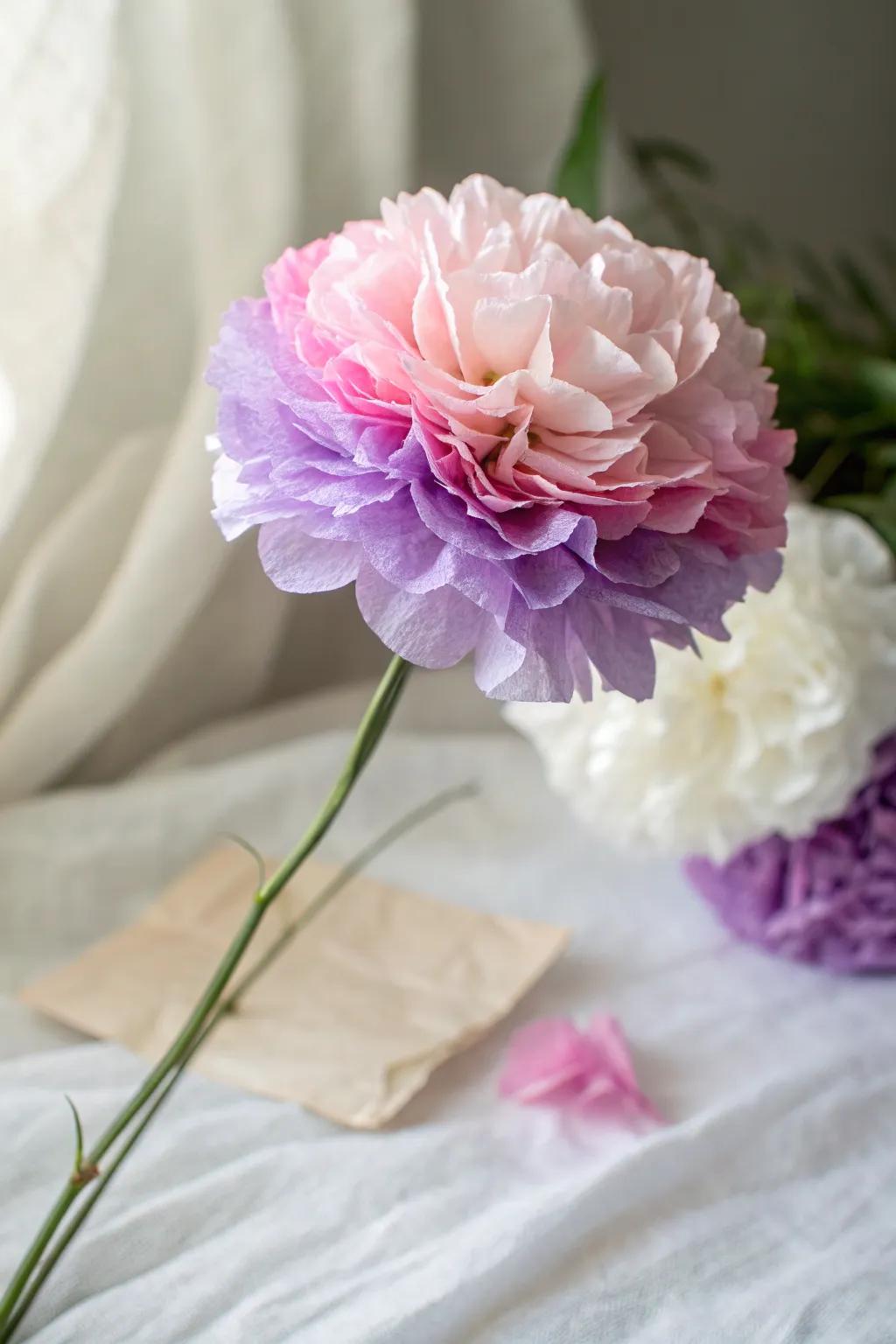 Delicate Beauty: A preschooler's handcrafted tissue paper flower brings joy and charm with Scandinavian minimalism and a Boho touch.