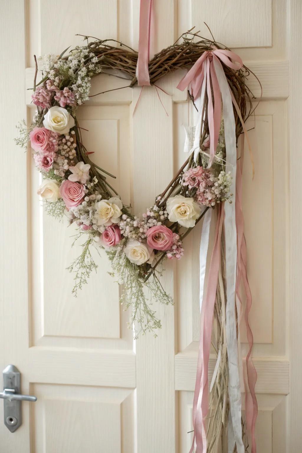 Embrace the love with this charming heart-shaped Valentine's Day wreath, perfect for adding a touch of elegance to your front door.