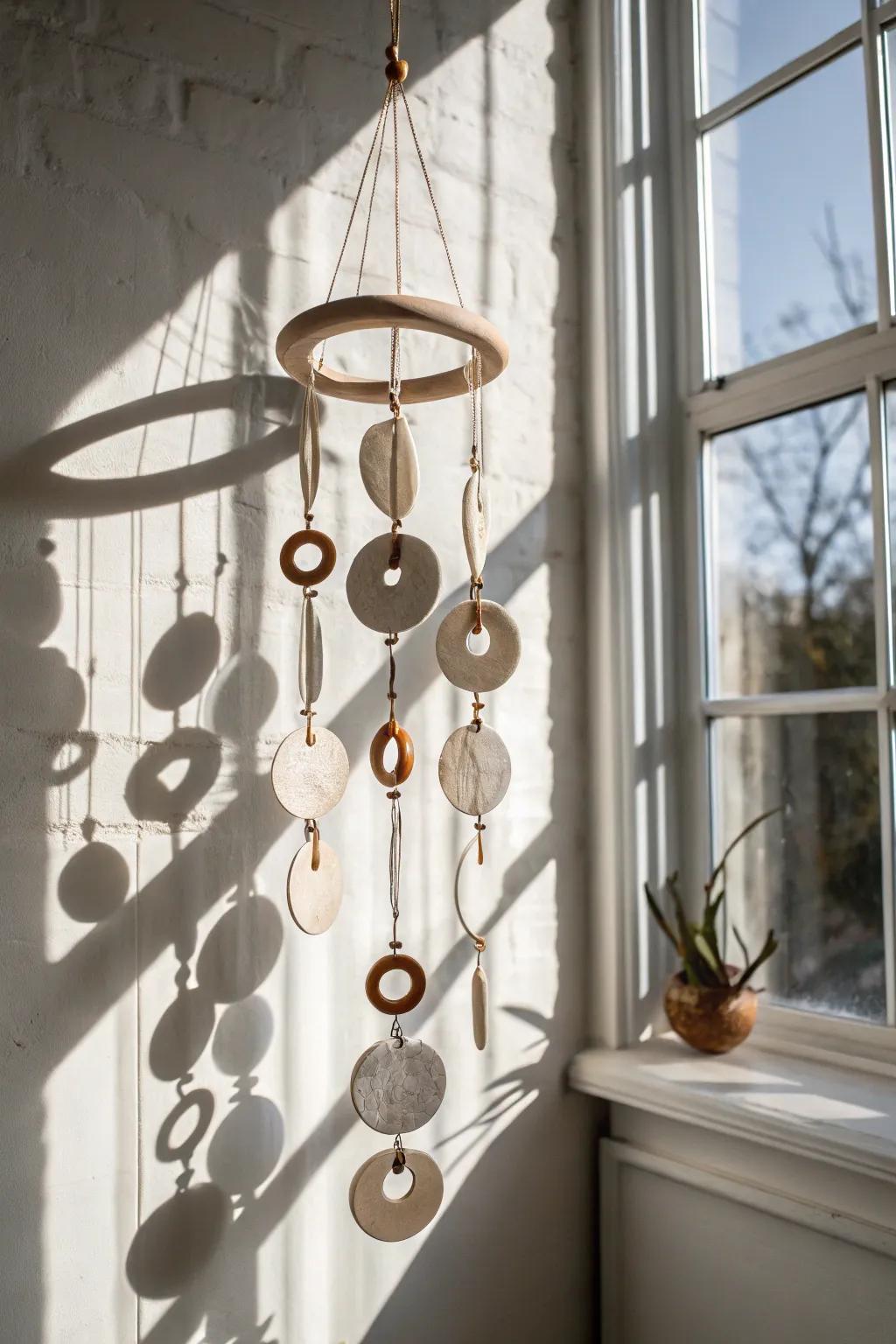 Appreciate the poetry of motion with this sophisticated ceramic mobile, a delicate dance between light and shadow.