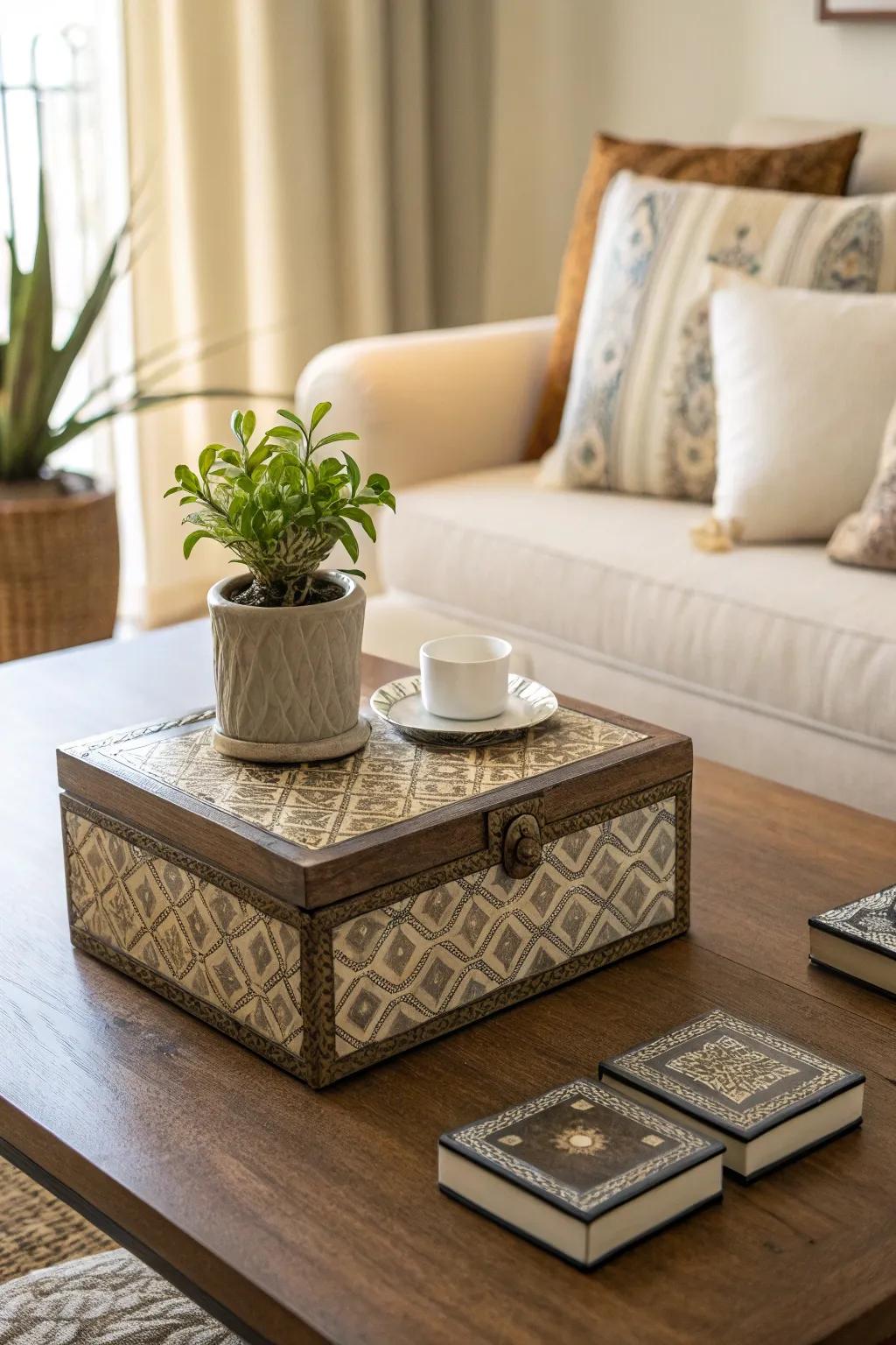 A useful and fashionable coffee table vignette.