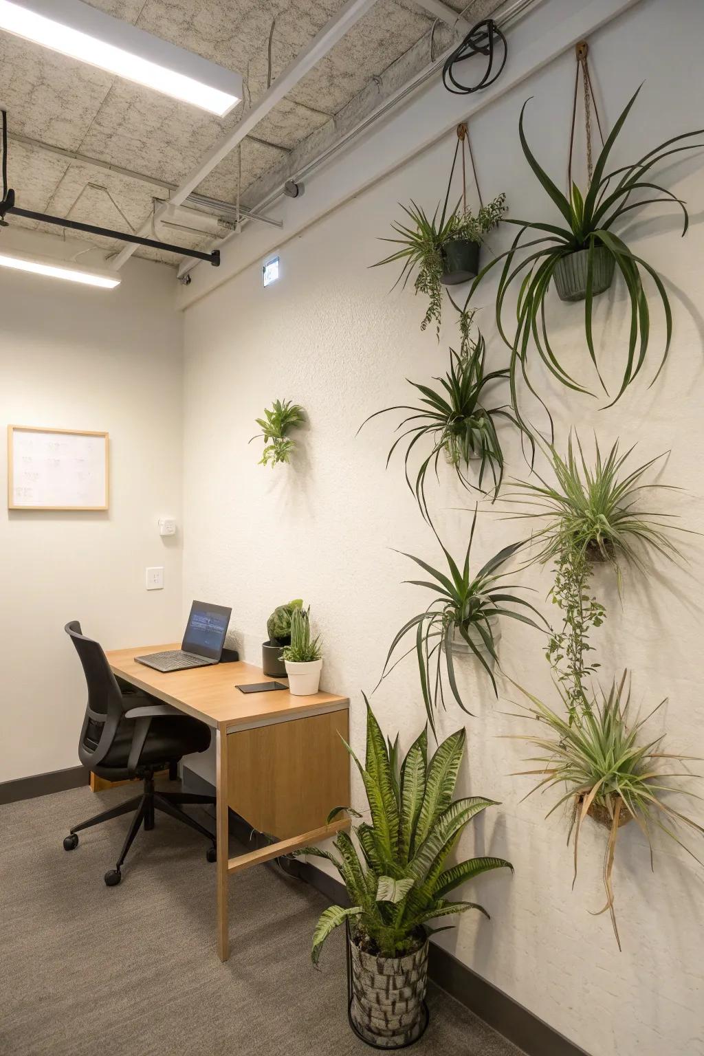An office environment presenting minimalist aerial plant exhibitions for a pristine and modern panorama.