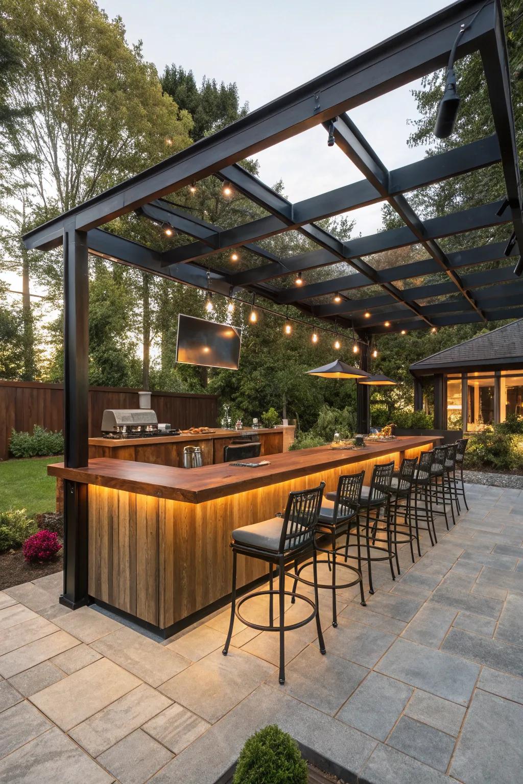 Elevate your gatherings with a chic outdoor bistro beneath a modern pergola.