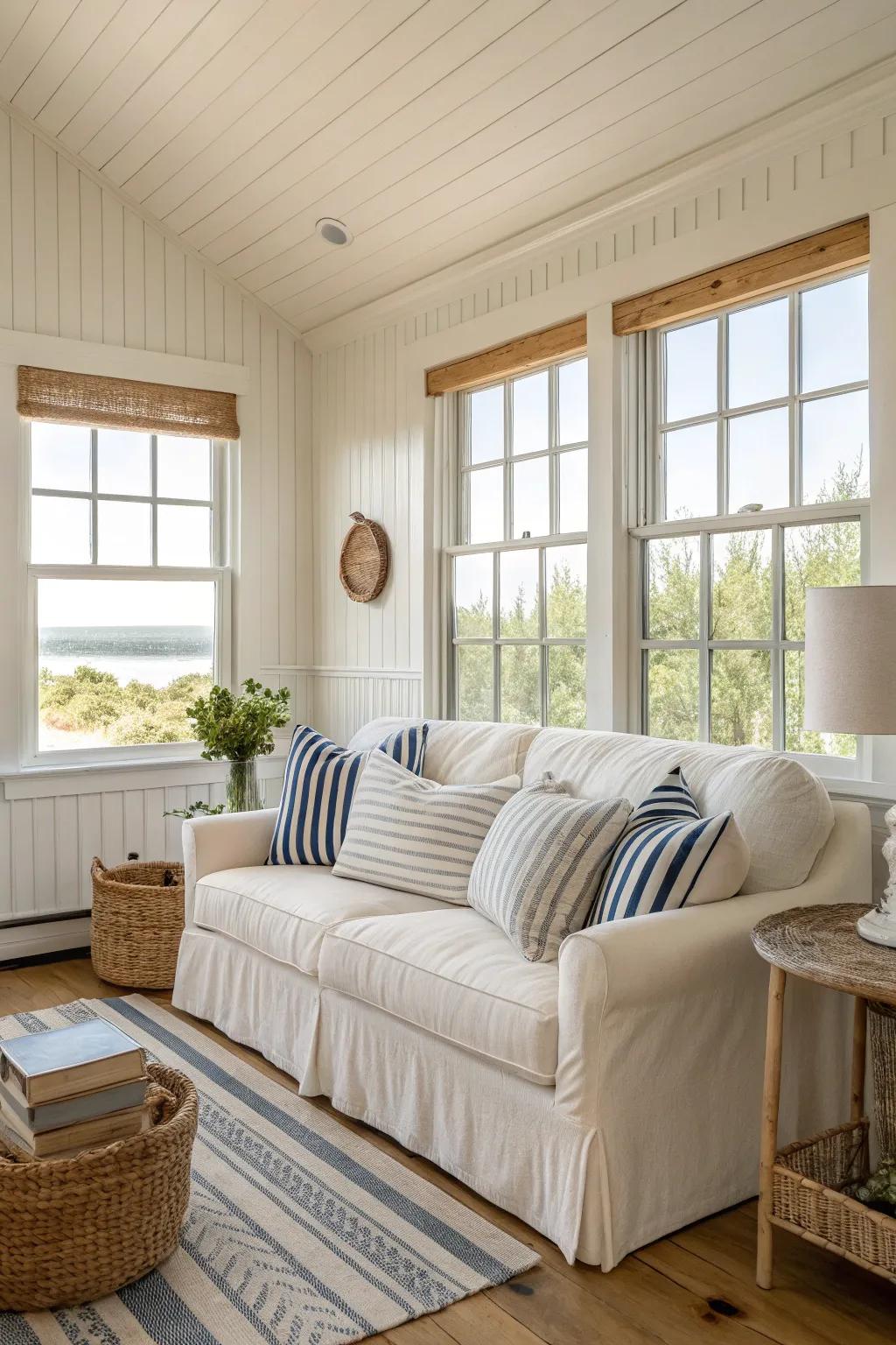 A coastal dream with beachy beige and white shades.