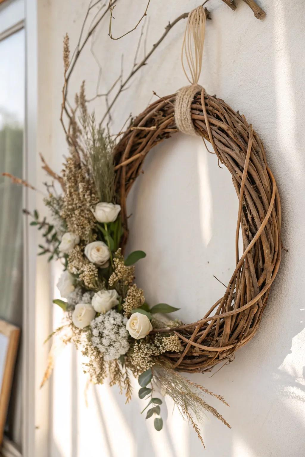 Celebrate the elegance of simplicity with this stunning simple white wicker wreath.