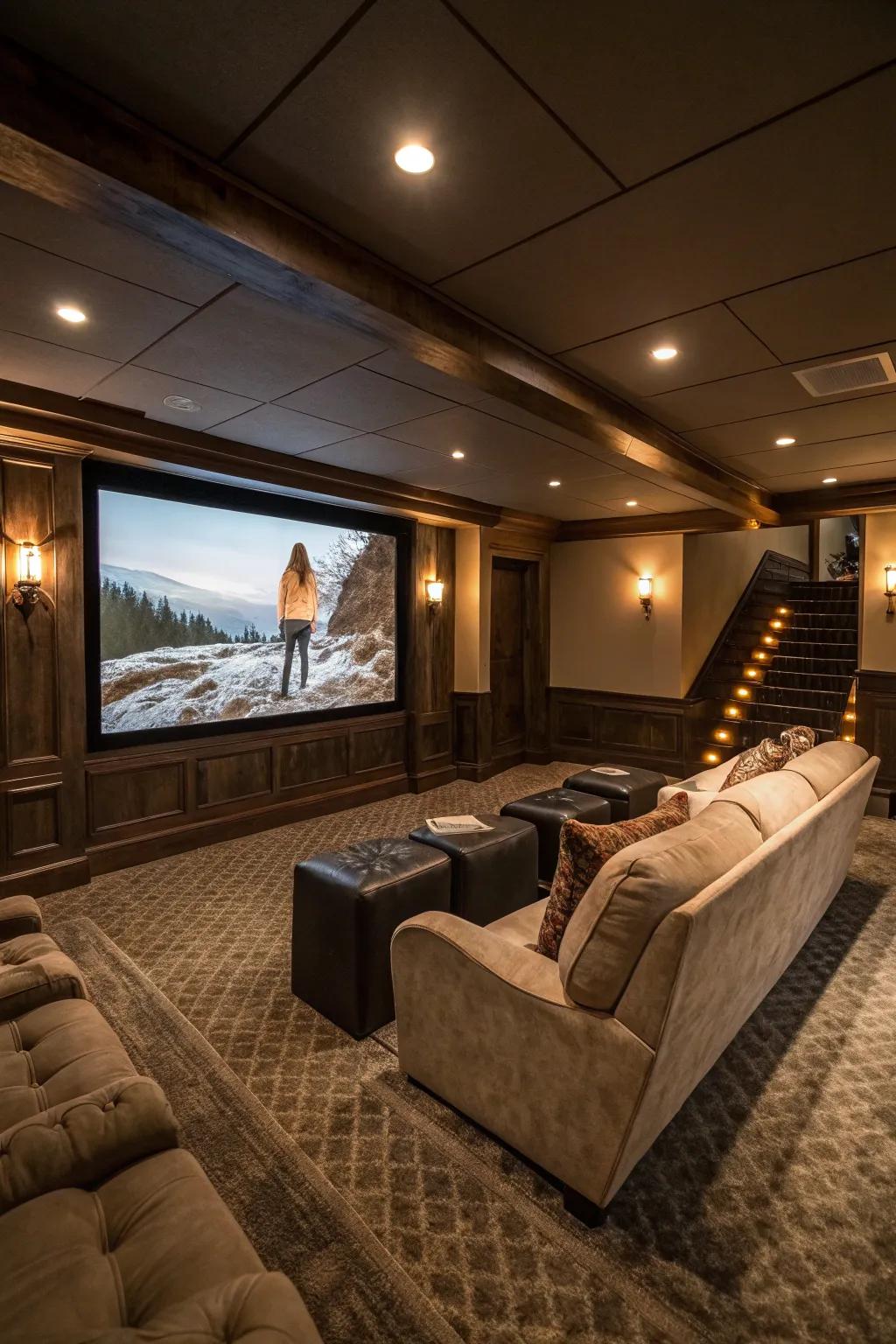 A home cinema renders an immersive entertainment area within a basement.
