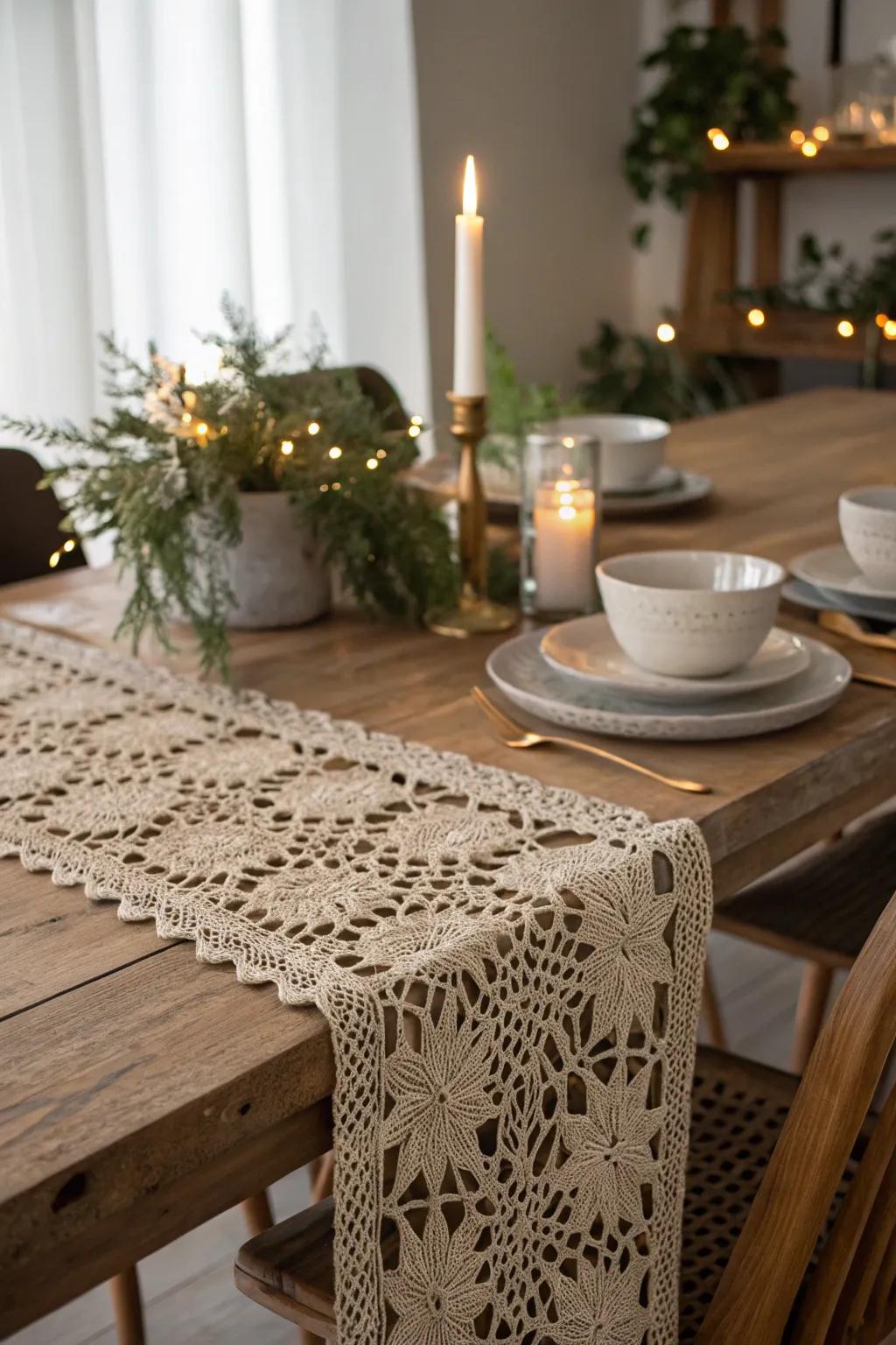 Illuminate your holiday meals with a hint of handmade elegance—this festive crochet table overlay is a radiant centerpiece.