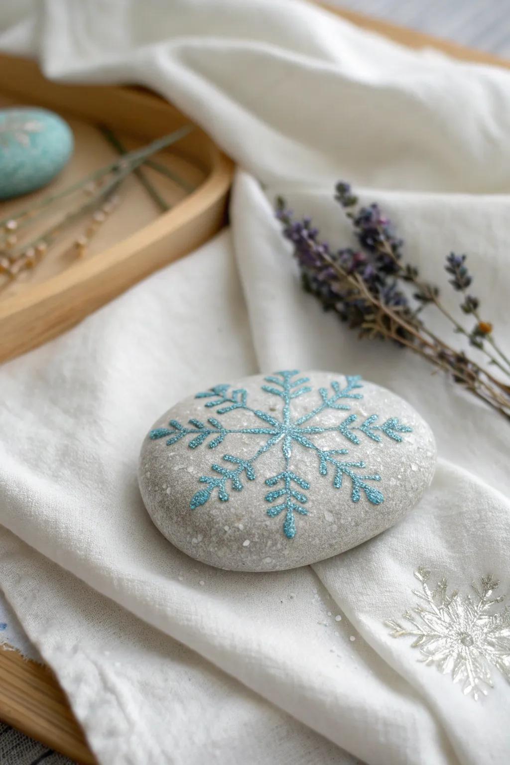 Capture the essence of winter with these enchanting glittering snowflakes on stone.