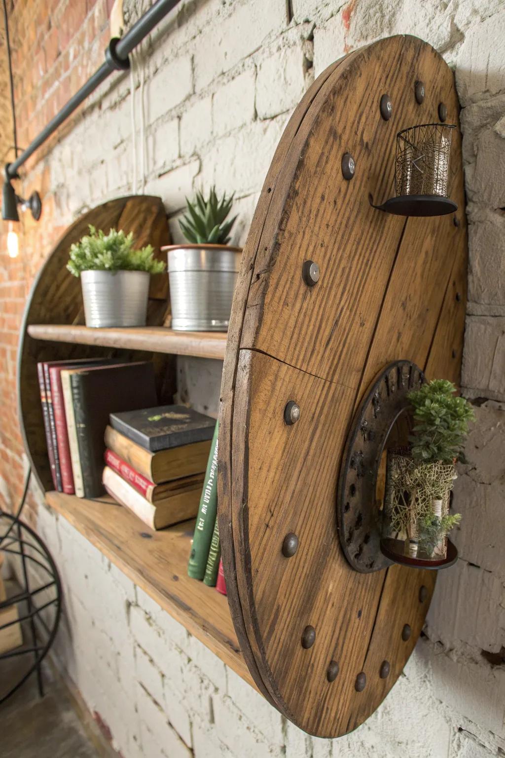 Convert a simple wire spool into a stunning wall shelf that embodies rustic charm and craftsmanship.