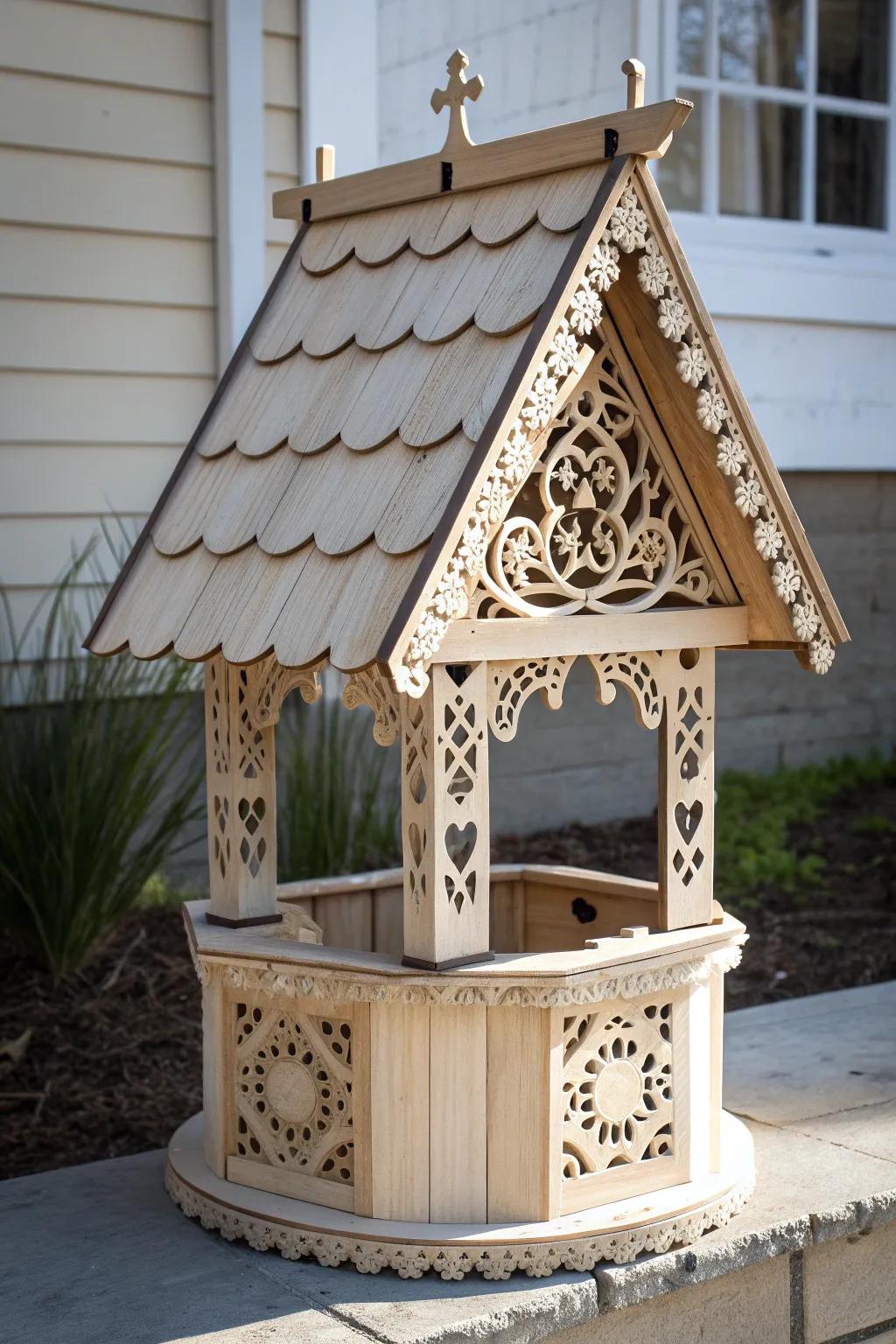 Add a touch of whimsy to your garden with a beautifully crafted peaked roof wishing well.