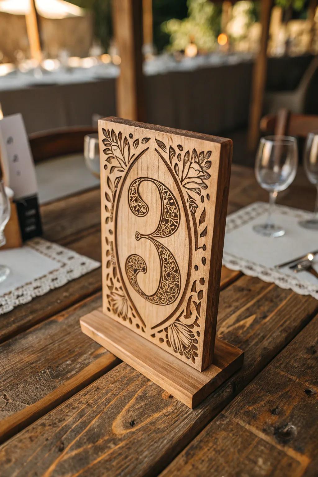 Elevate your event décor with exquisitely etched timber table markers.