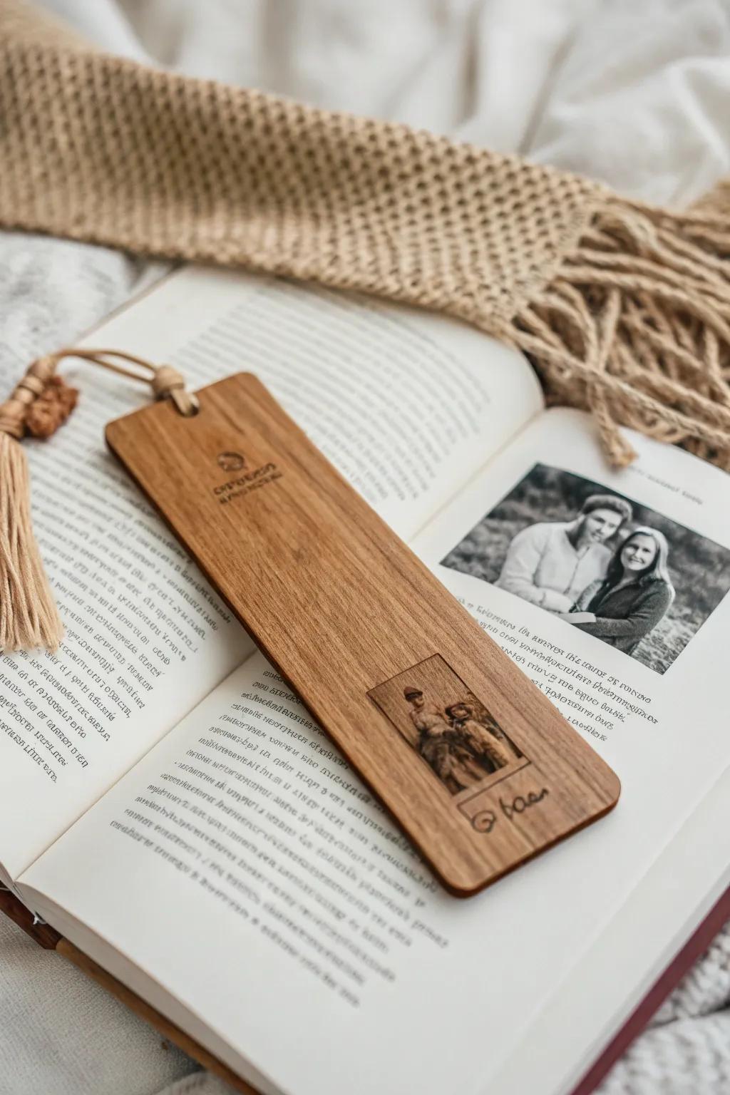 Capture memories with grace: A wooden photo marker for cherished reading moments.