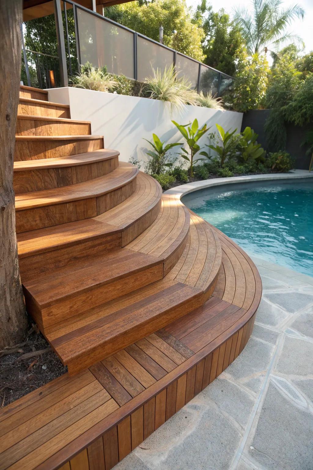 Elevate your poolside encounter with exquisite enveloping timber steps.