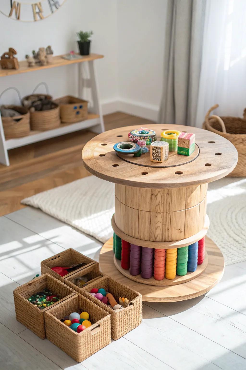 Organize with beauty: Discover the elegance of a wooden spool toy storage option.