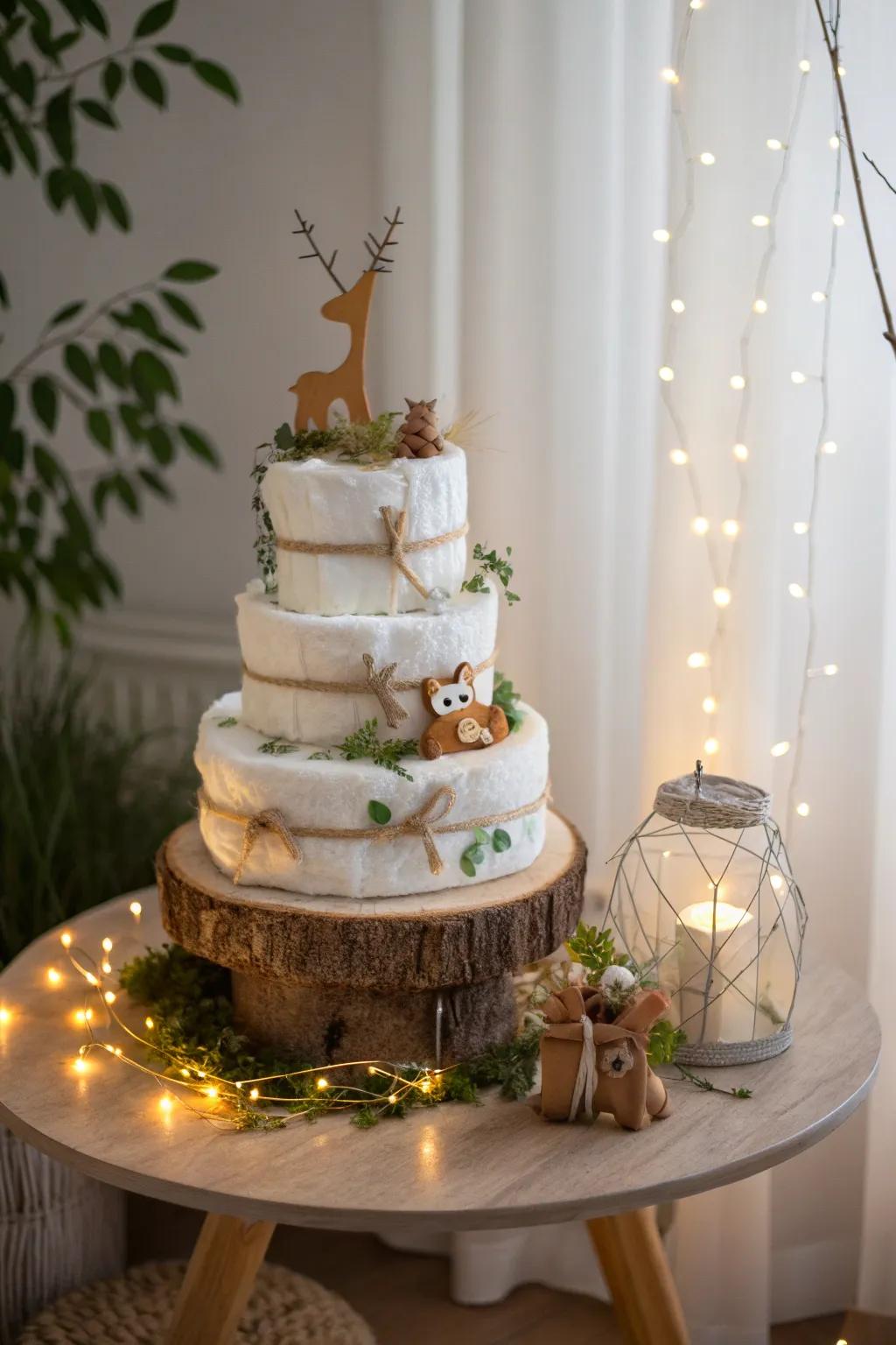 Illuminate your arboreal nappy cake through ethereal ornaments, thereby imparting a hint of enchantment and whimsy.