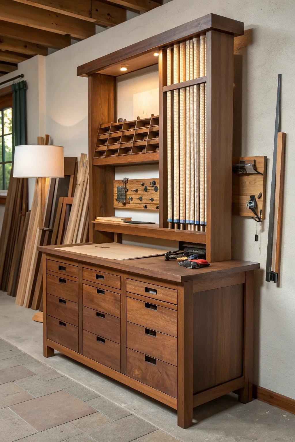 Maximize your area thanks to upright storage solutions for a clutter-free bench.