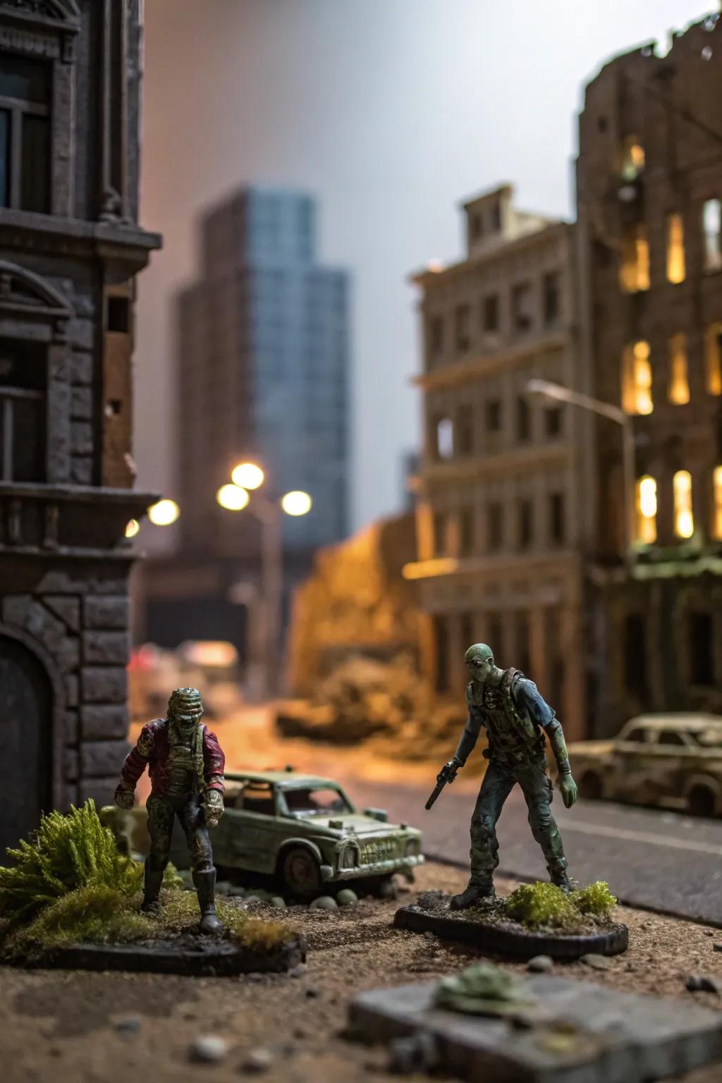 Engross yourself in a realm of pandemonium through this elaborately conceived zombie doomsday diorama - a testament to the artistry of scaled craftsmanship.