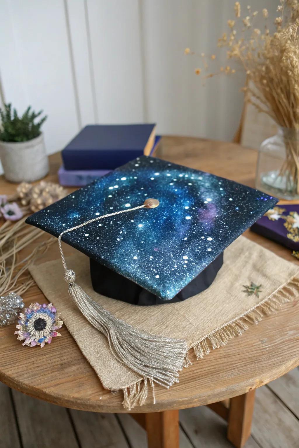 Reach for the stars with this enchanting glitter galaxy graduation cap, symbolizing endless possibilities!