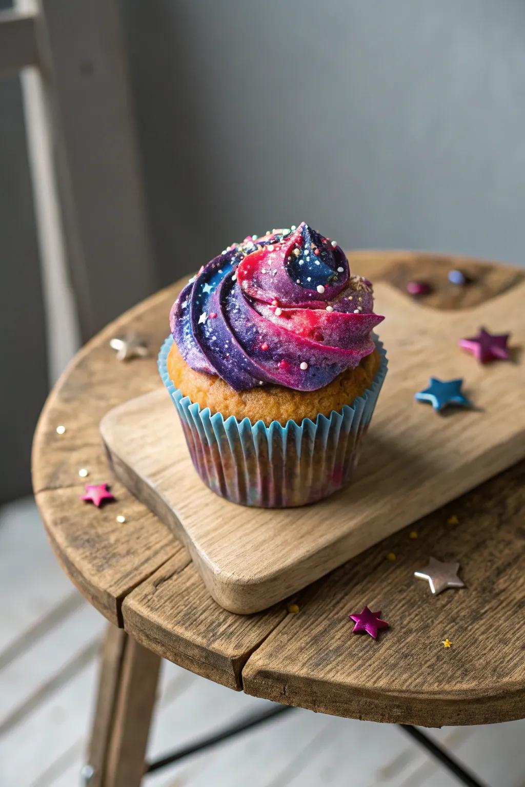 Embark upon a delectable cosmic voyage with this galactic cupcake delight!
