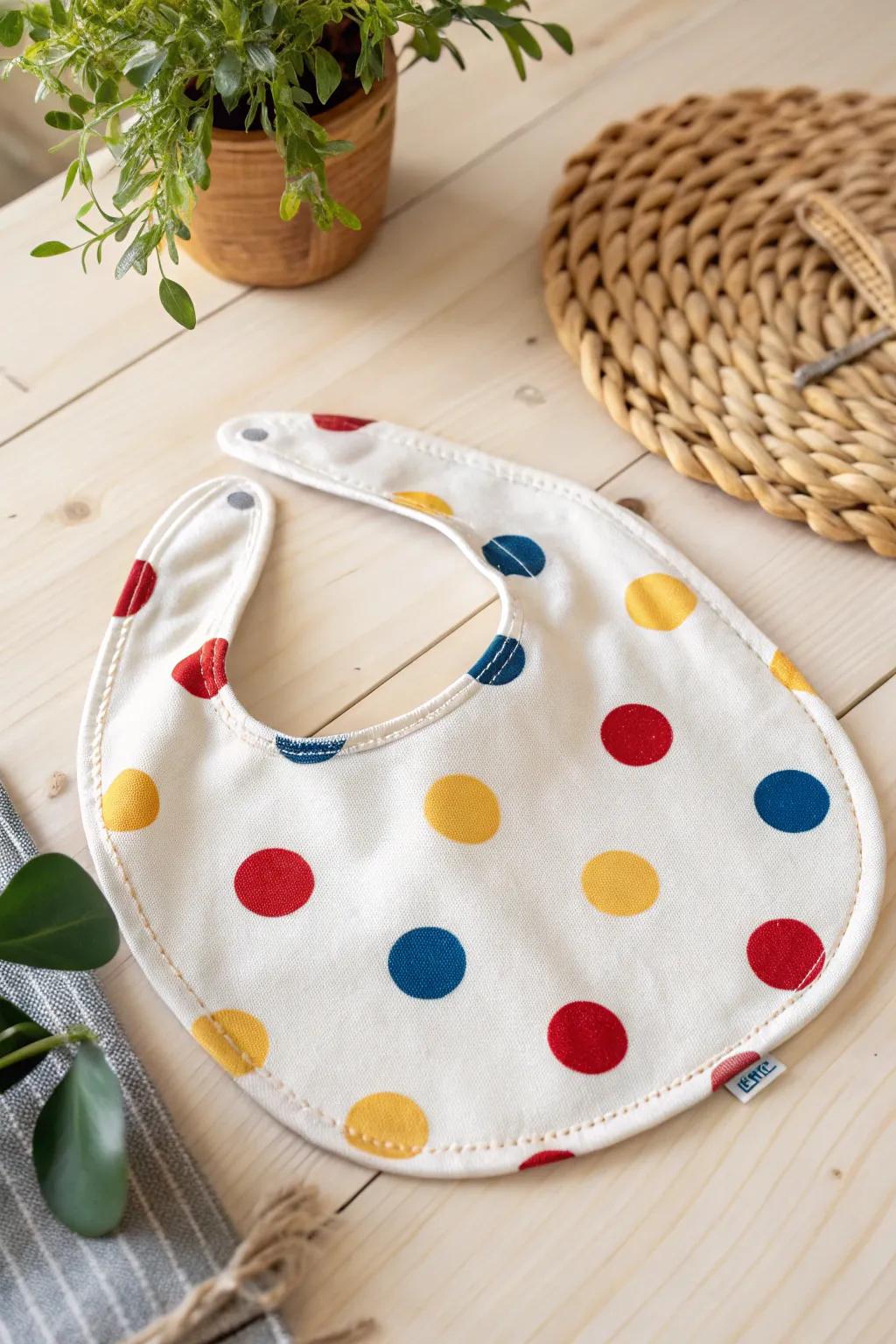 Circle Mark Pleasure: Include a splash of enjoyment to any ensemble with this delightful and colorful infant bib.