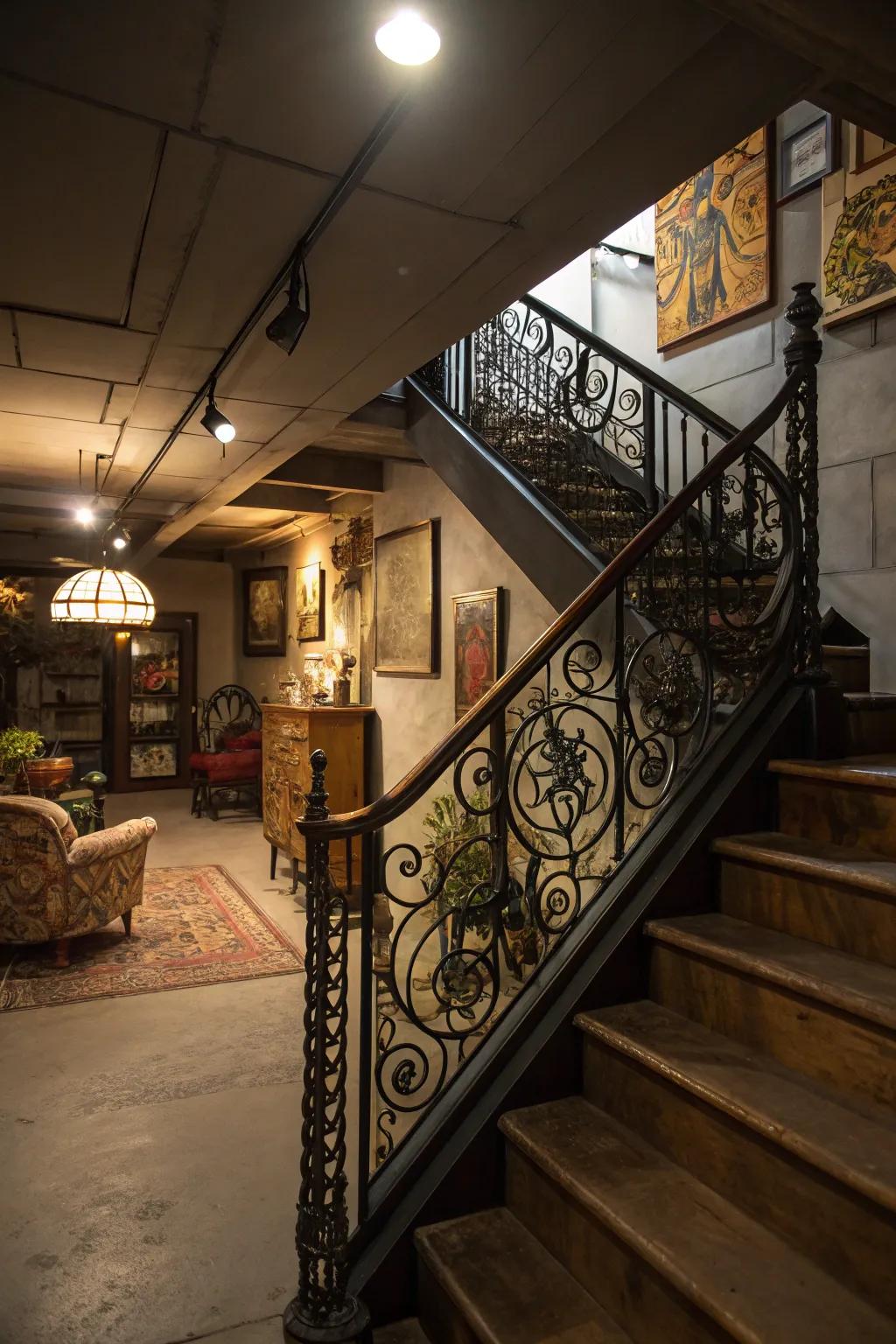 Hand-crafted iron railings function as both practical elements and captivating art.