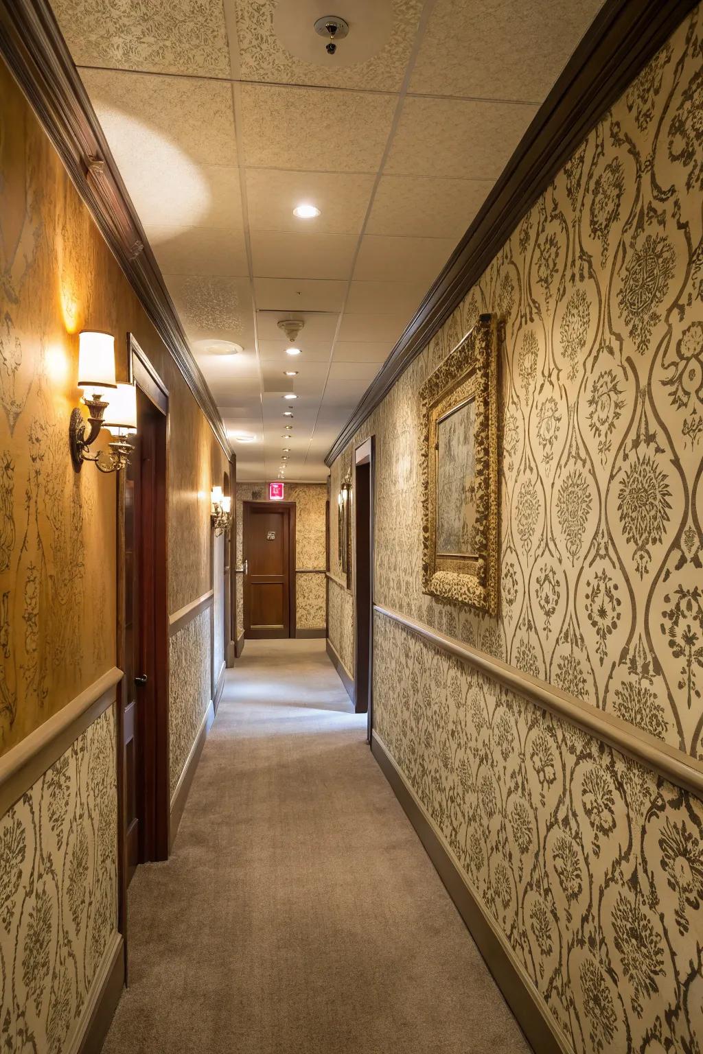 Textured wall coverings introduce a character to the corridor.