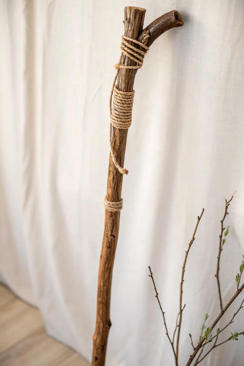 Appreciate simplicity with natural cordage bindings, introducing charm and texture to your walking stick.