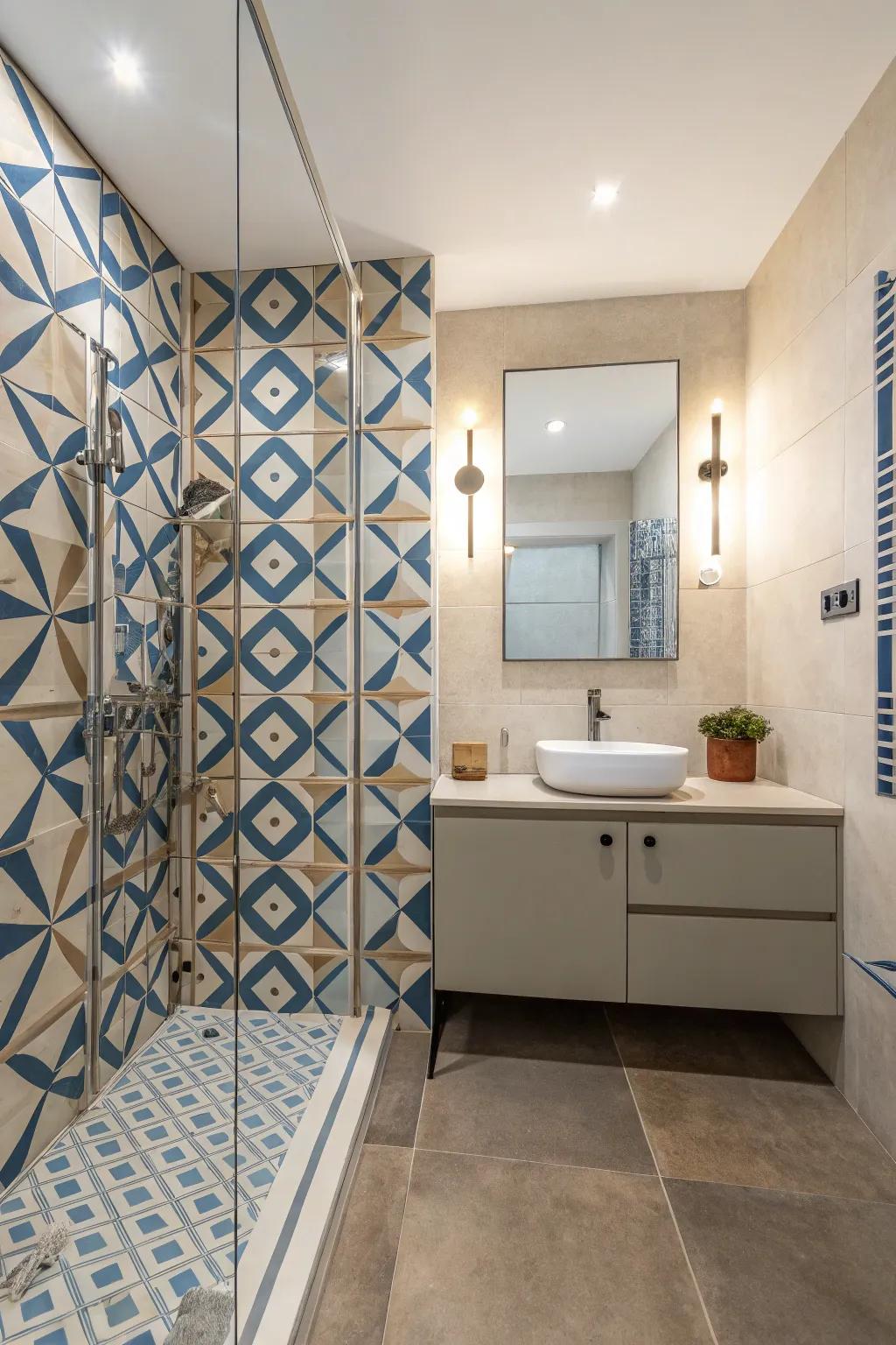 Introduce intrigue with shaped tiles in your bathroom.