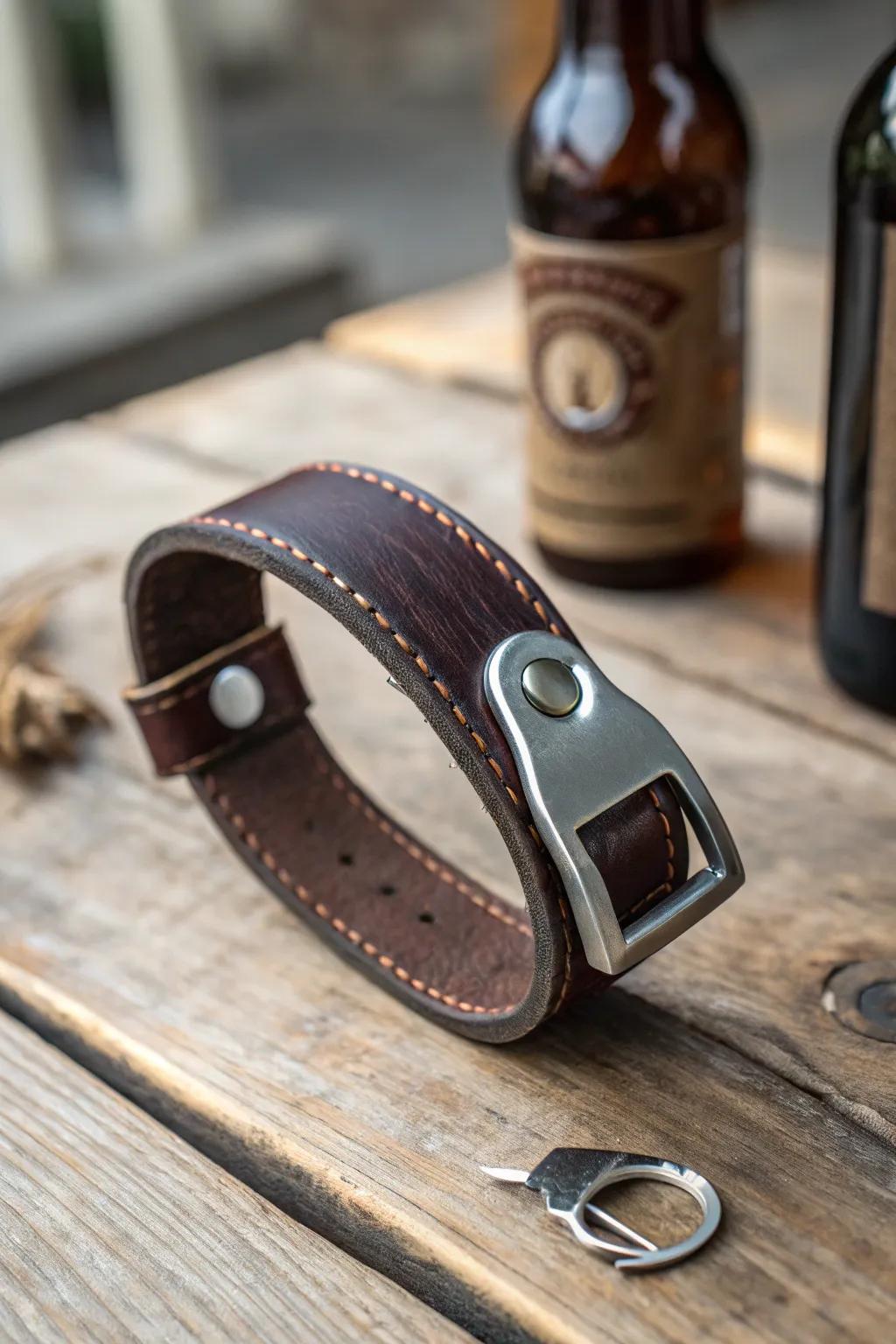 Functional fashion: The leather wristband bottle lifter that commands attention.