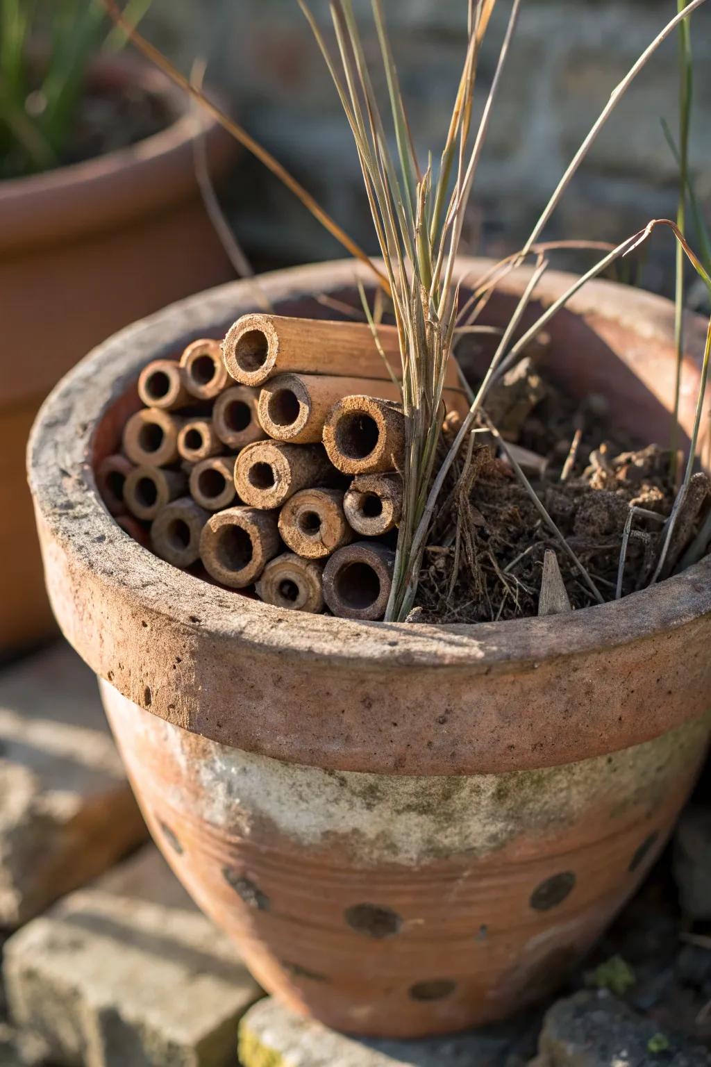 Repurpose an Antiquated Planting Vessel into an Alluring Bug Hotel, Exemplary for Nature Devotees Who Appreciate Craftsmanship and Eco-Friendly Concepts.