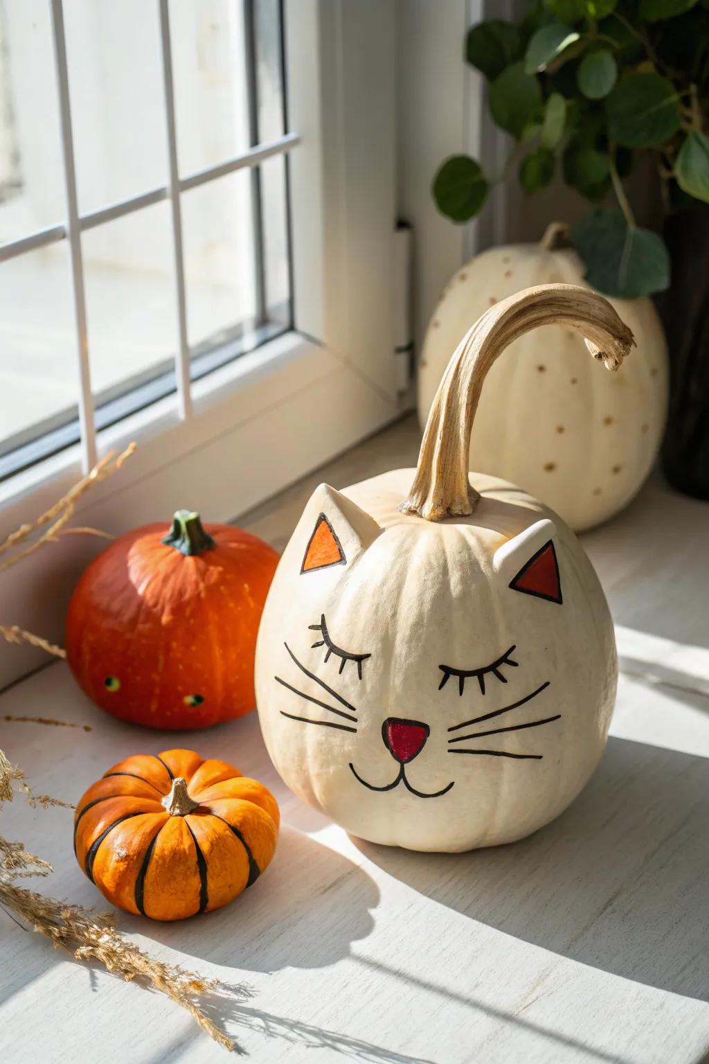 Transform your pumpkin into a whimsical feline with a gourd caudal appendage for a dash of playful elegance.