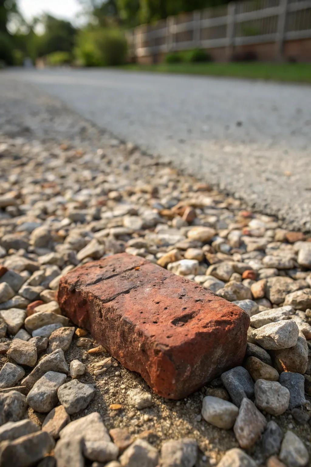 Timeless charm: Repurposed brick infuses individuality into a gravel driveway.