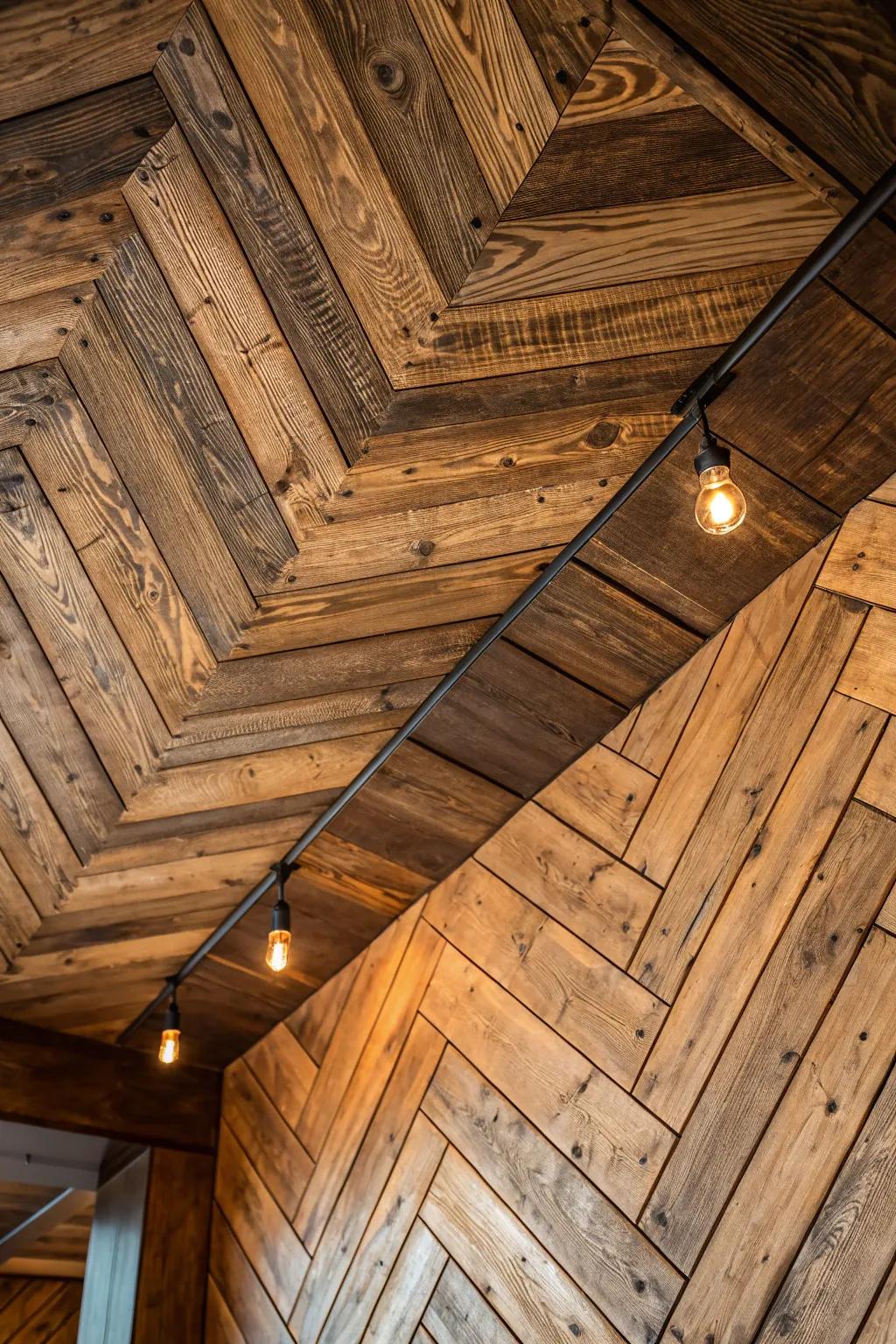 Elevate your area through the enduring refinement of a herringbone timber ceiling.