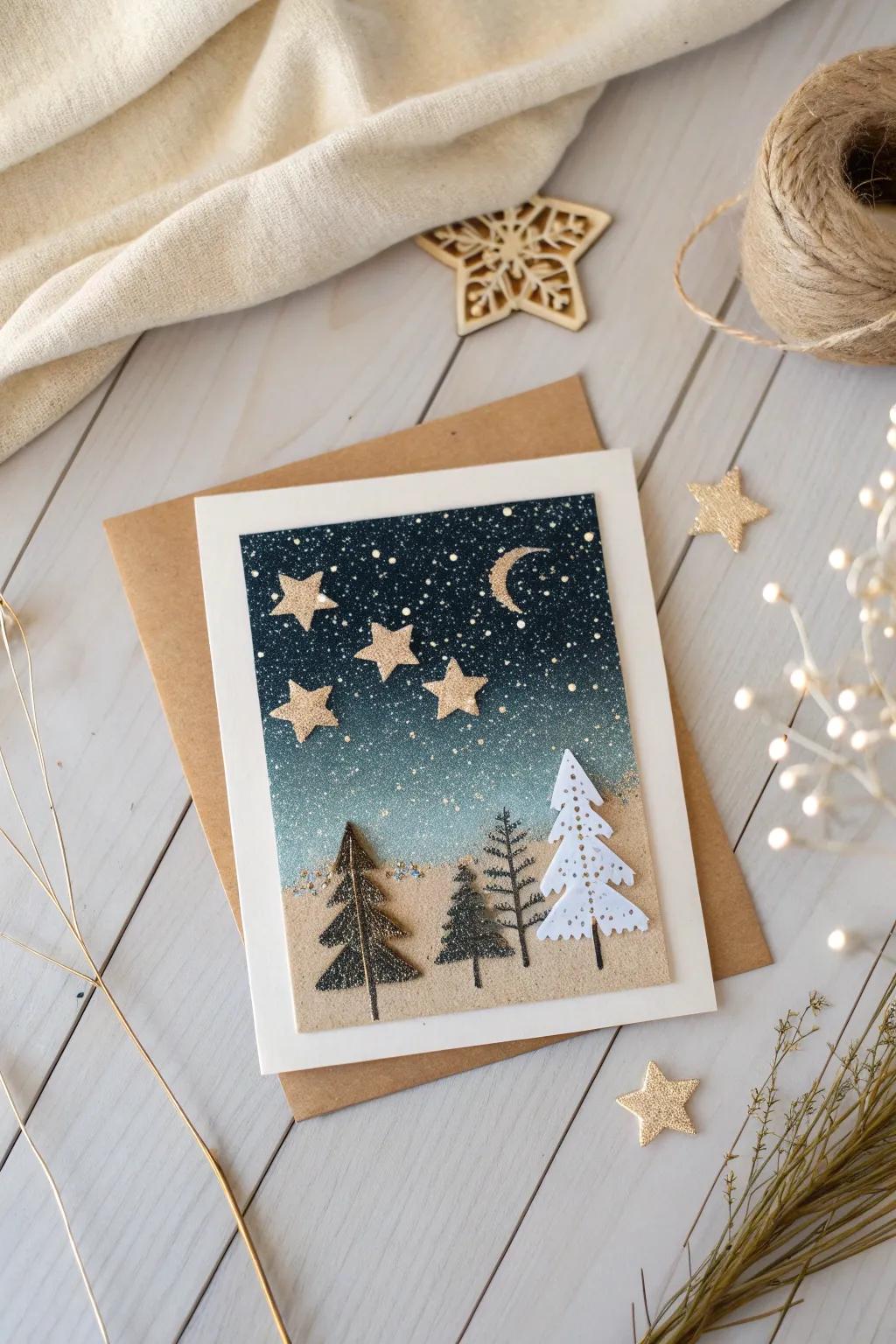 Conjure an enchanting starry evening employing glitter and adhesive emblems, culminating in a delightful Christmas card tailored for children.