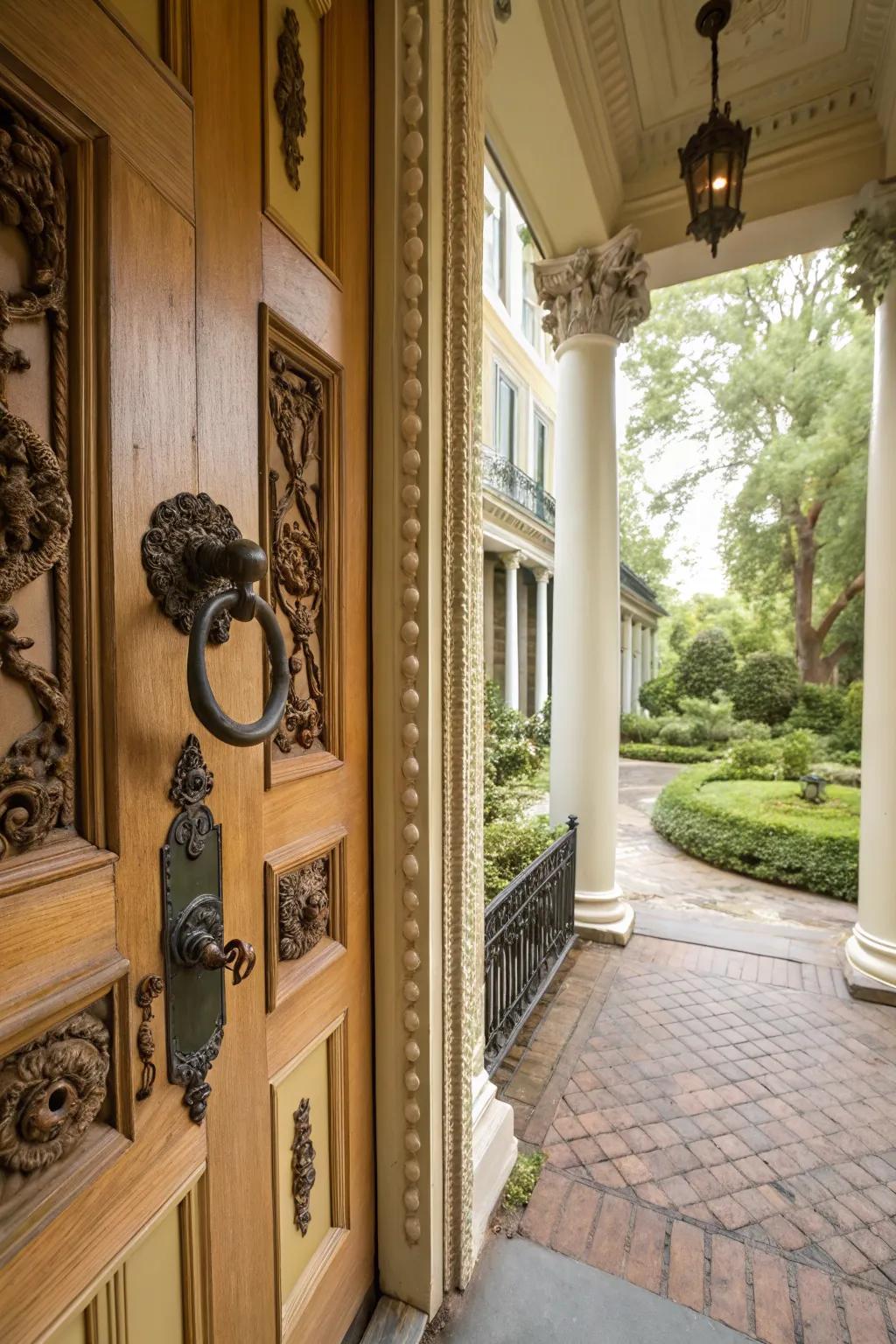 Molded iron accents introduce historic charm and elegance to colonial entry doors.