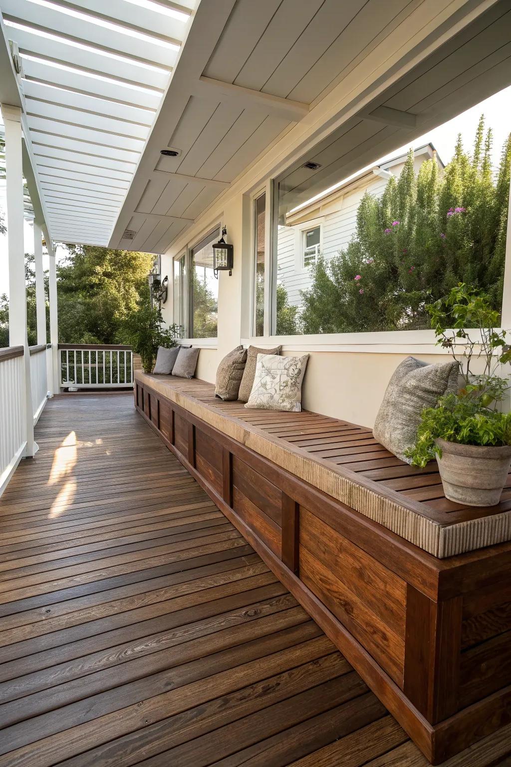 Experience the seamless fusion of elegance and utility with these expertly crafted integrated benches for your deck.