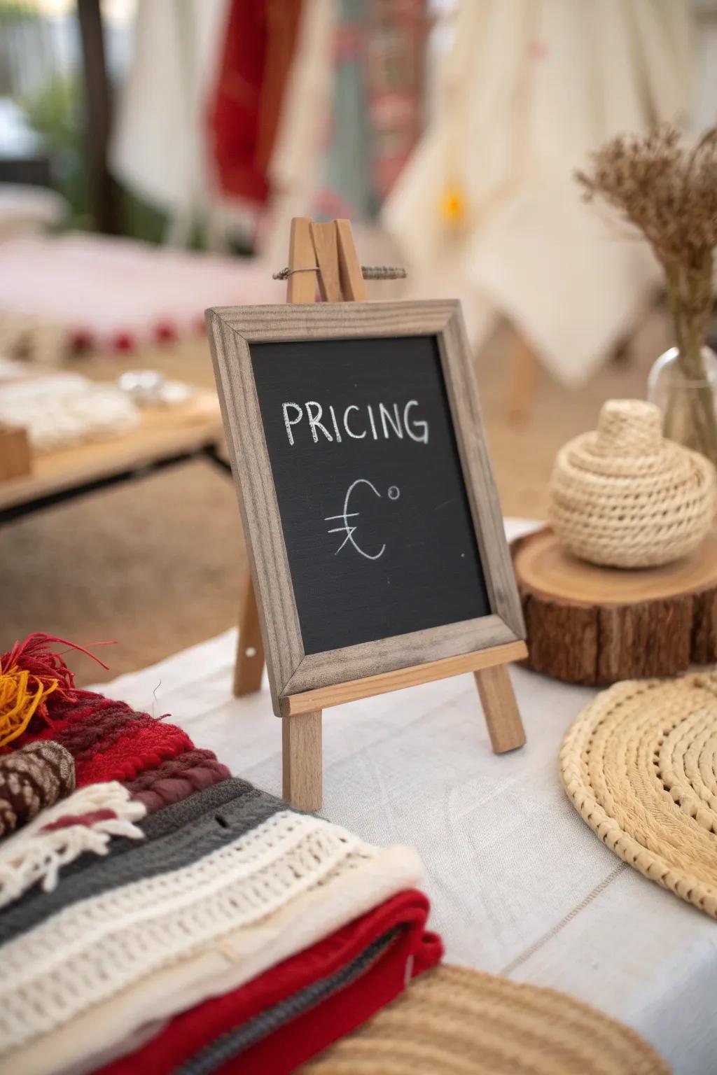 Enhance your craft fair presentation with charming chalkboard pricing labels, blending rustic elegance with minimalist design.
