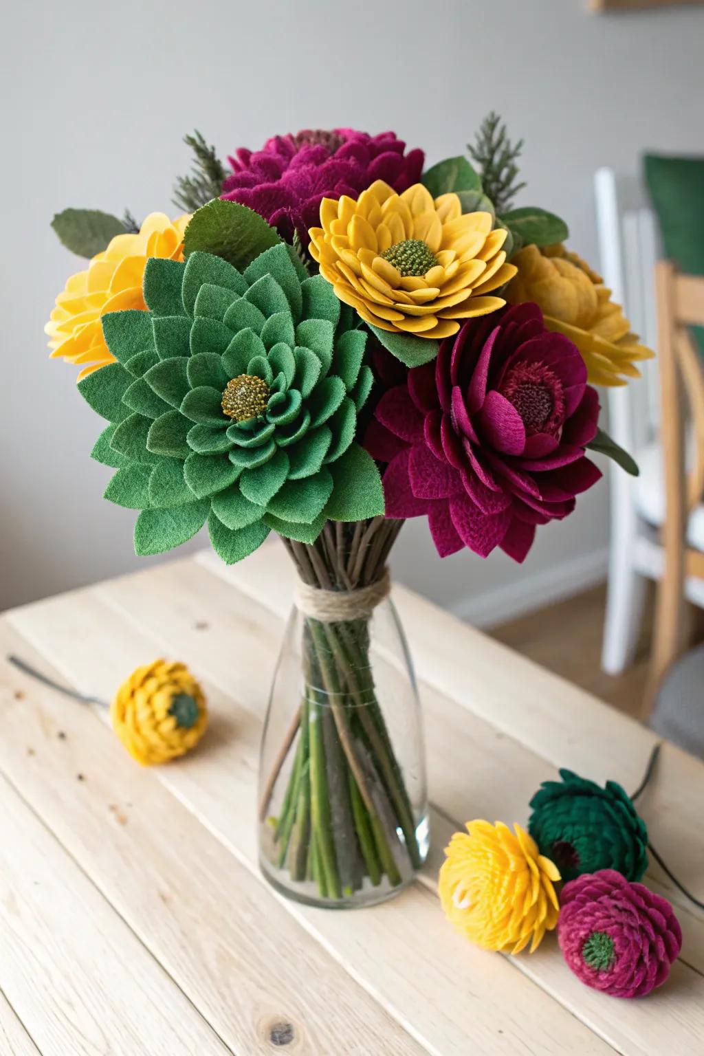 Fill your space with a burst of creativity and pigment; cloth flower arrangements that last the entire year!