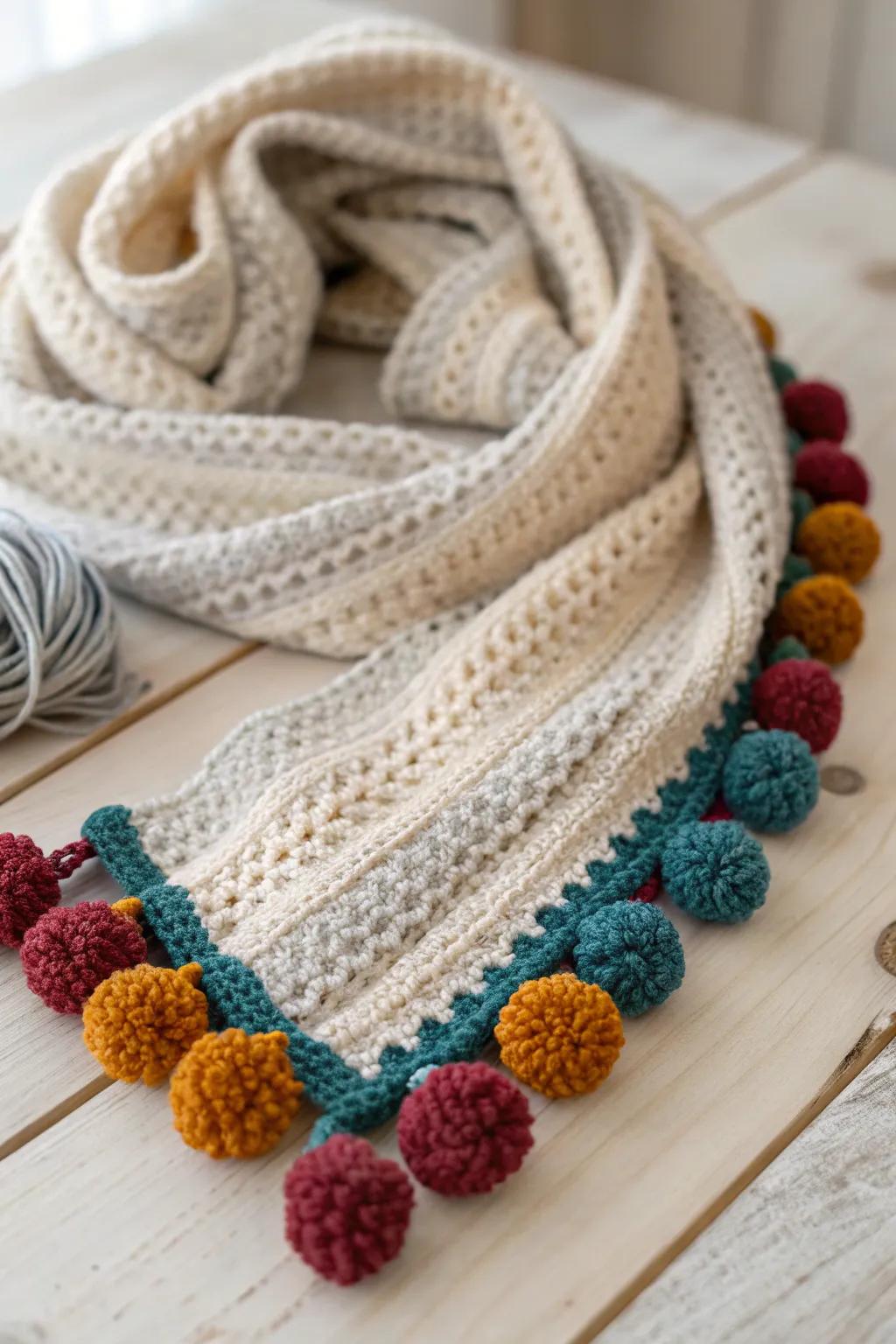 Give your scarf game a boost with a bobble edge that is as playful as it is colorful – a true tactile delight!