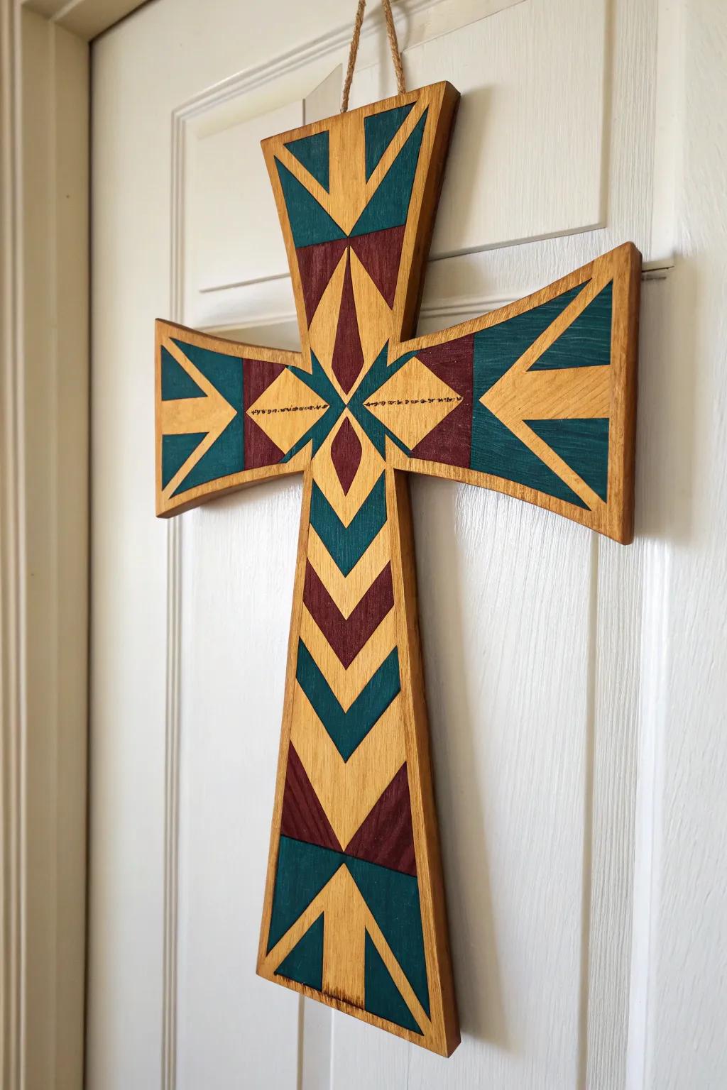 Elevate your entryway using a geometric-patterned cross door decoration, where bold design merges with minimalist elegance.