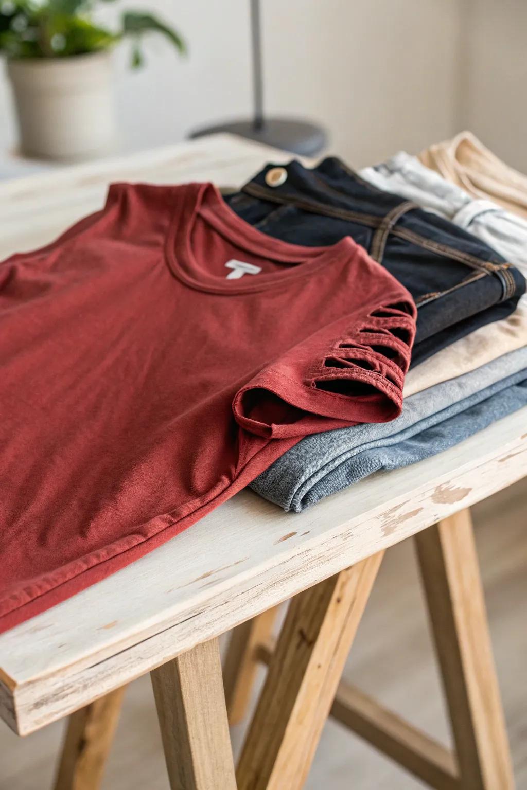 Transform your old band tee into a statement piece with stylish slashed arms for a touch of rockstar rebellion.