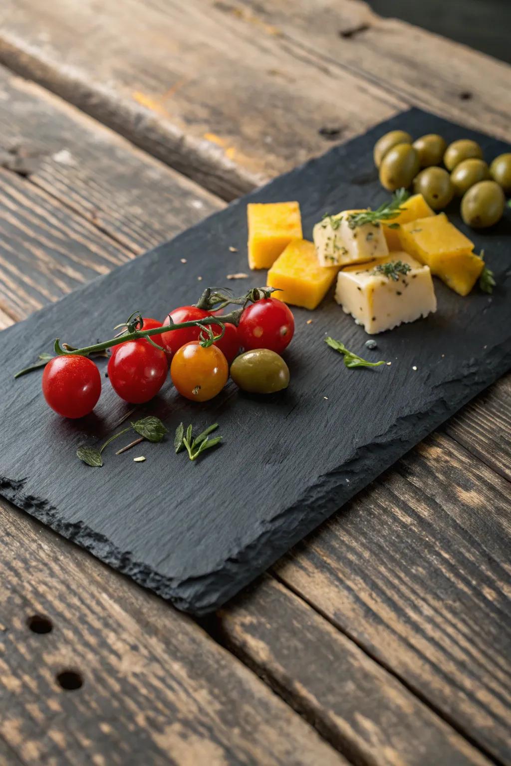 Uplift your culinary displays through the sleek grace of slate cutting boards.